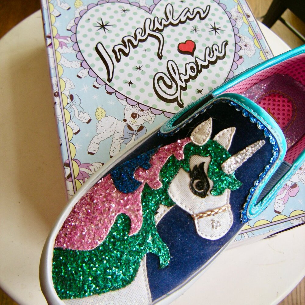 RARE - Irregular Choice Sparkly Unicorn Slip On Sneakers New in Box Size 8